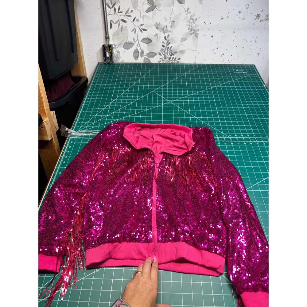 Magenta Pink Sequin Fringe Hooded Jacket Full Zip Festival Bomber Large